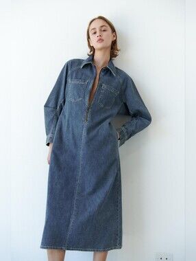 zara trf denim midi dress long sleeves front half zip Medium Blue Nwt